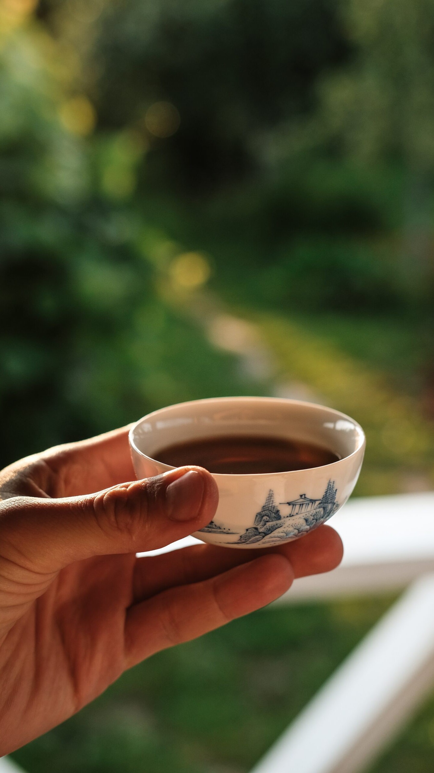 main tenant une tasse de thé devant un paysage verdoyant